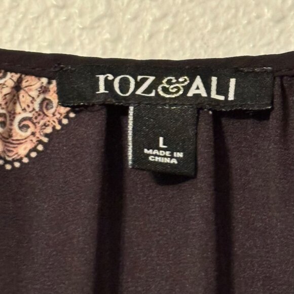 Roz & Ali Black Patterned Blouse Sz L 3/4 Sleeve Tie Neck women top - Picture 3 of 11